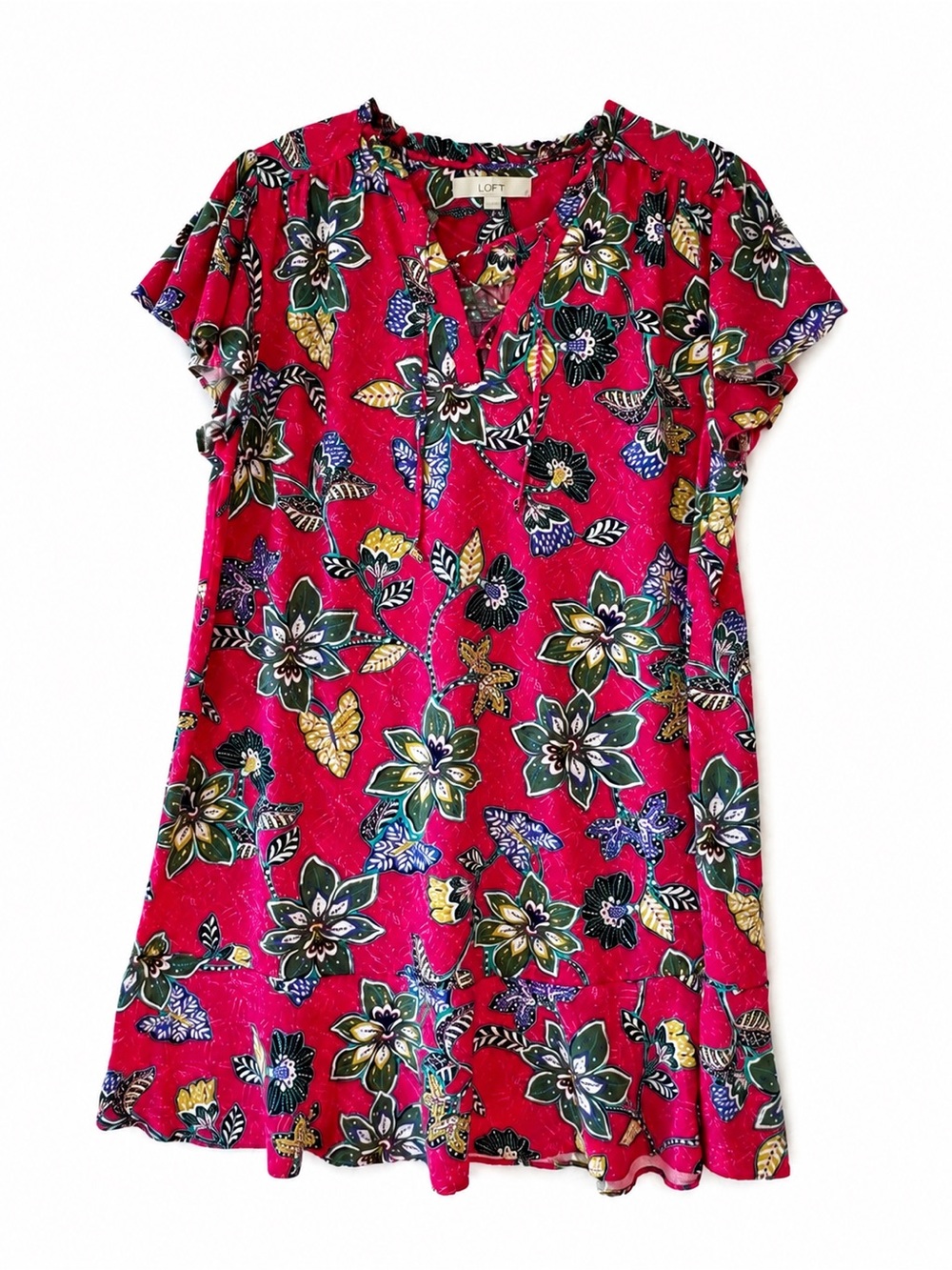 LOFT XL Pink Floral Tie Neck Ruffle Hem Shift Dress Boho